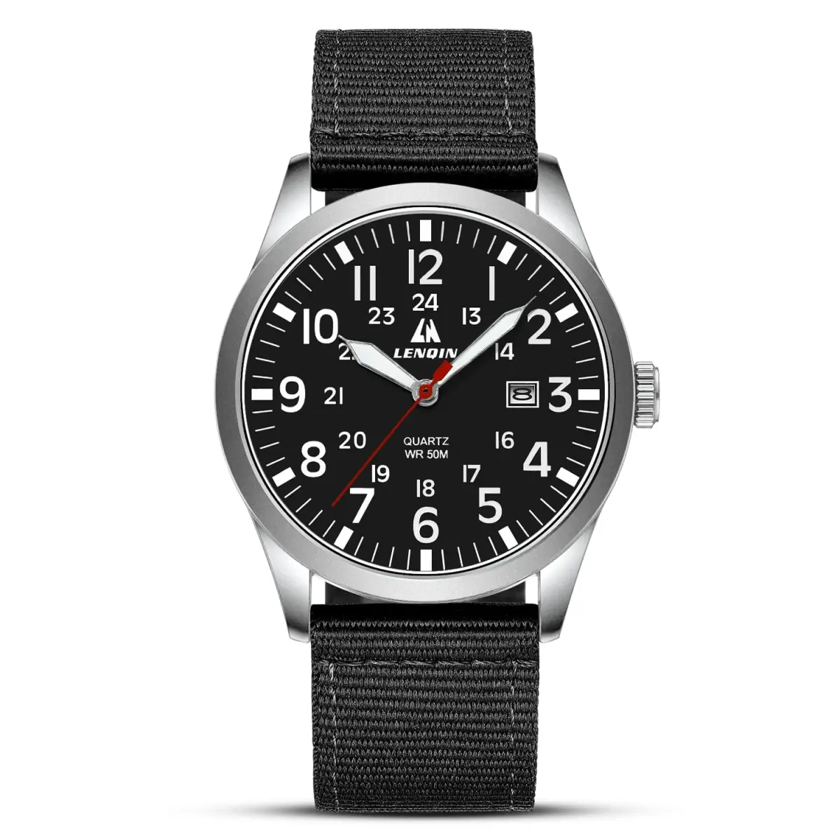 LN LENQIN Men's Military Sport Analog Quartz Watch with Date & Luminous Dial | 42mm Stainless Steel Case, 22mm Nylon Strap - main product image