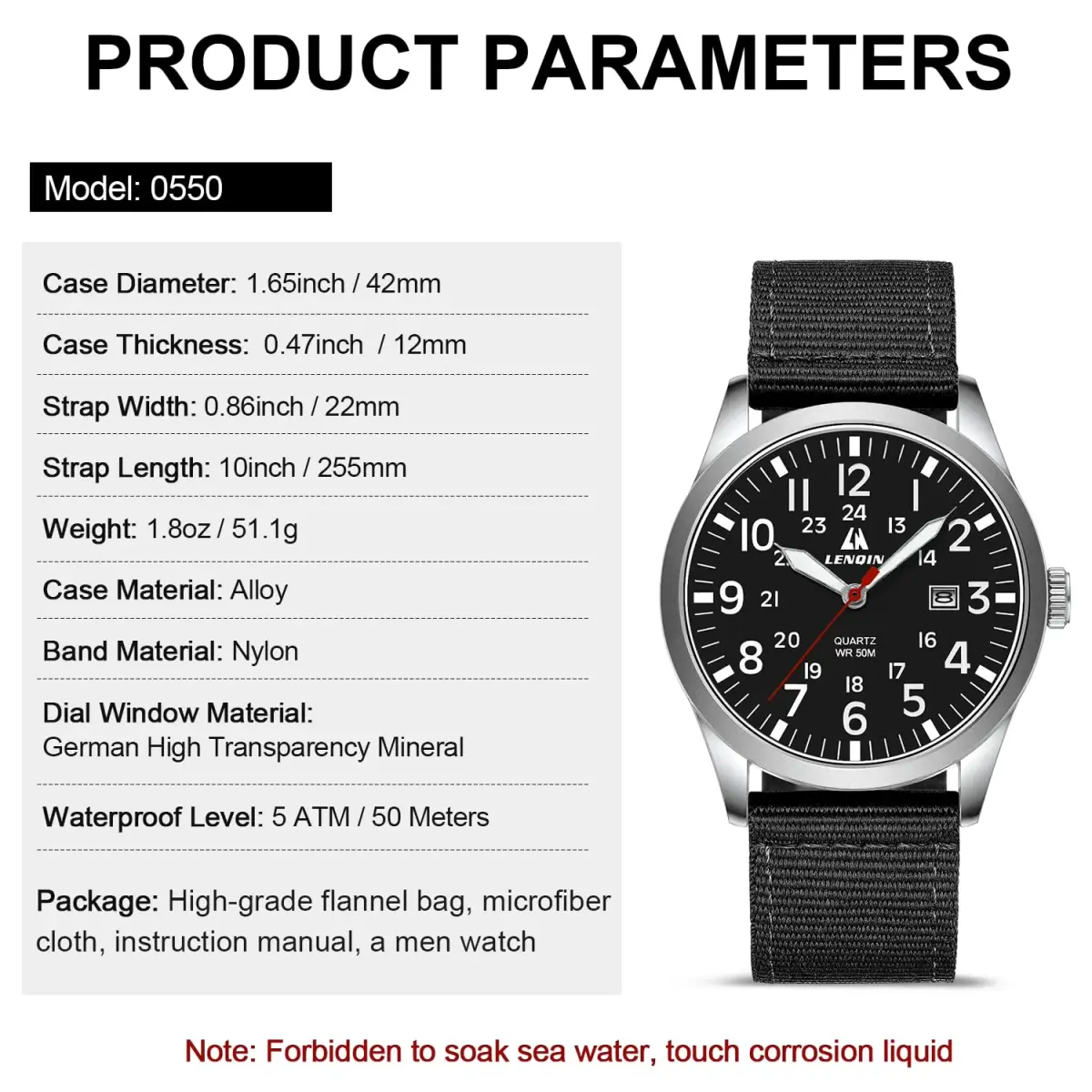 LN LENQIN Men's Military Sport Analog Quartz Watch with Date & Luminous Dial | 42mm Stainless Steel Case, 22mm Nylon Strap - view 5