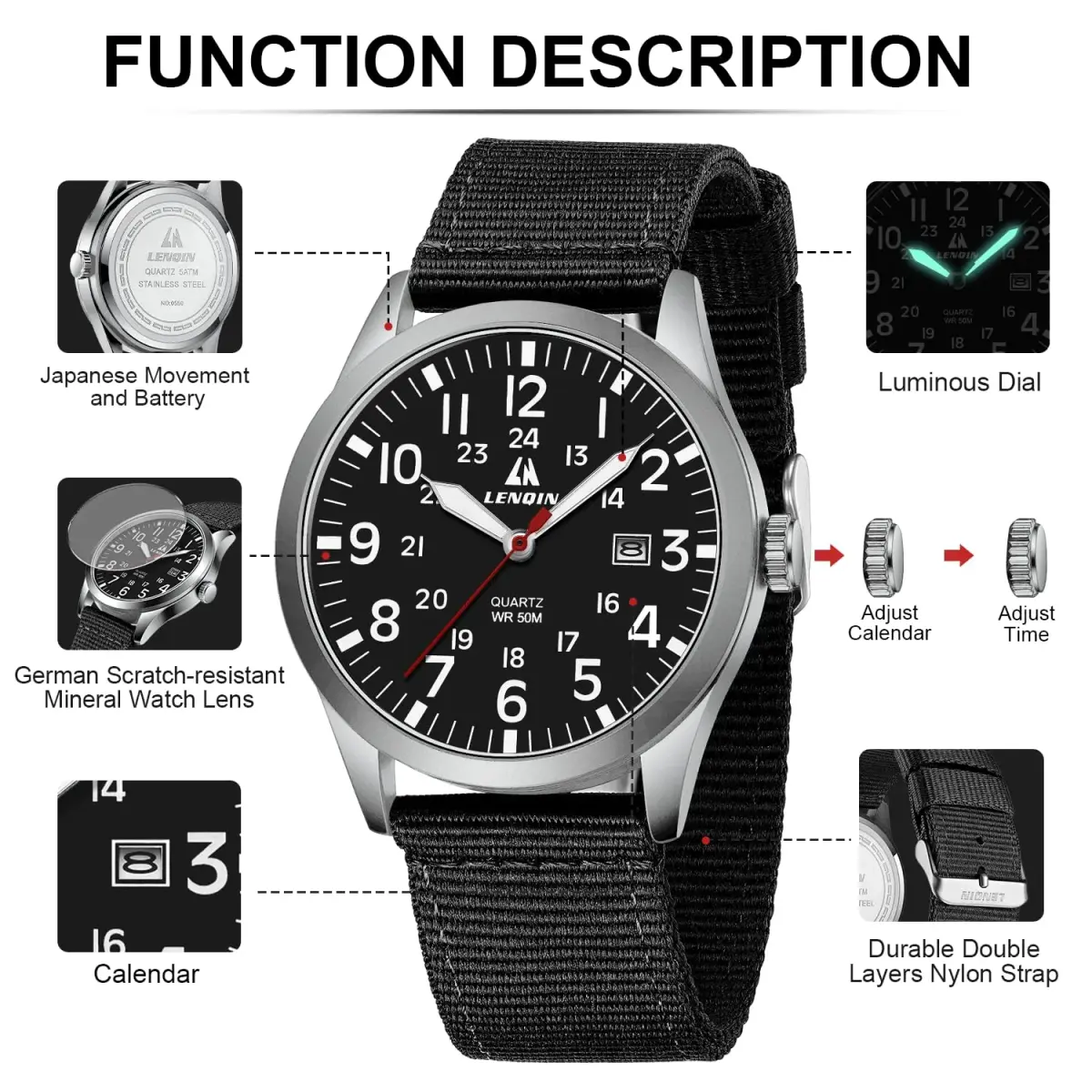 LN LENQIN Men's Military Sport Analog Quartz Watch with Date & Luminous Dial | 42mm Stainless Steel Case, 22mm Nylon Strap - view 4