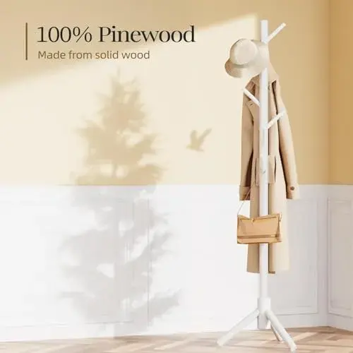 Pipishell White Freestanding Coat Rack with 8 Hooks | Adjustable Height Solid Wood Entryway Organizer - view 3