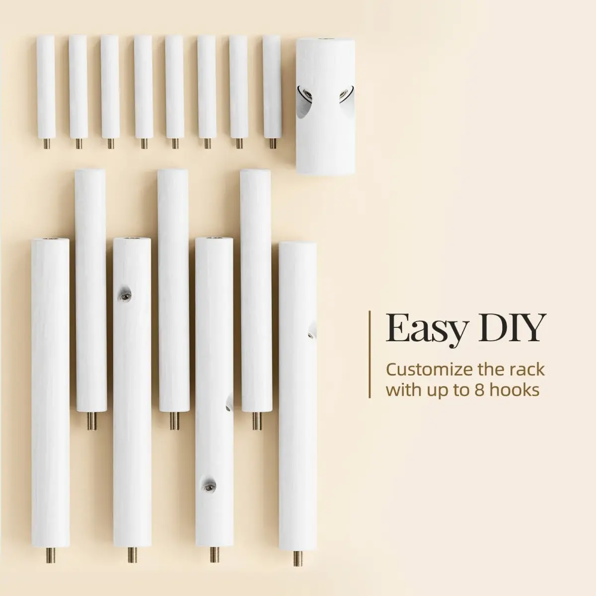 Pipishell White Freestanding Coat Rack with 8 Hooks | Adjustable Height Solid Wood Entryway Organizer - view 5