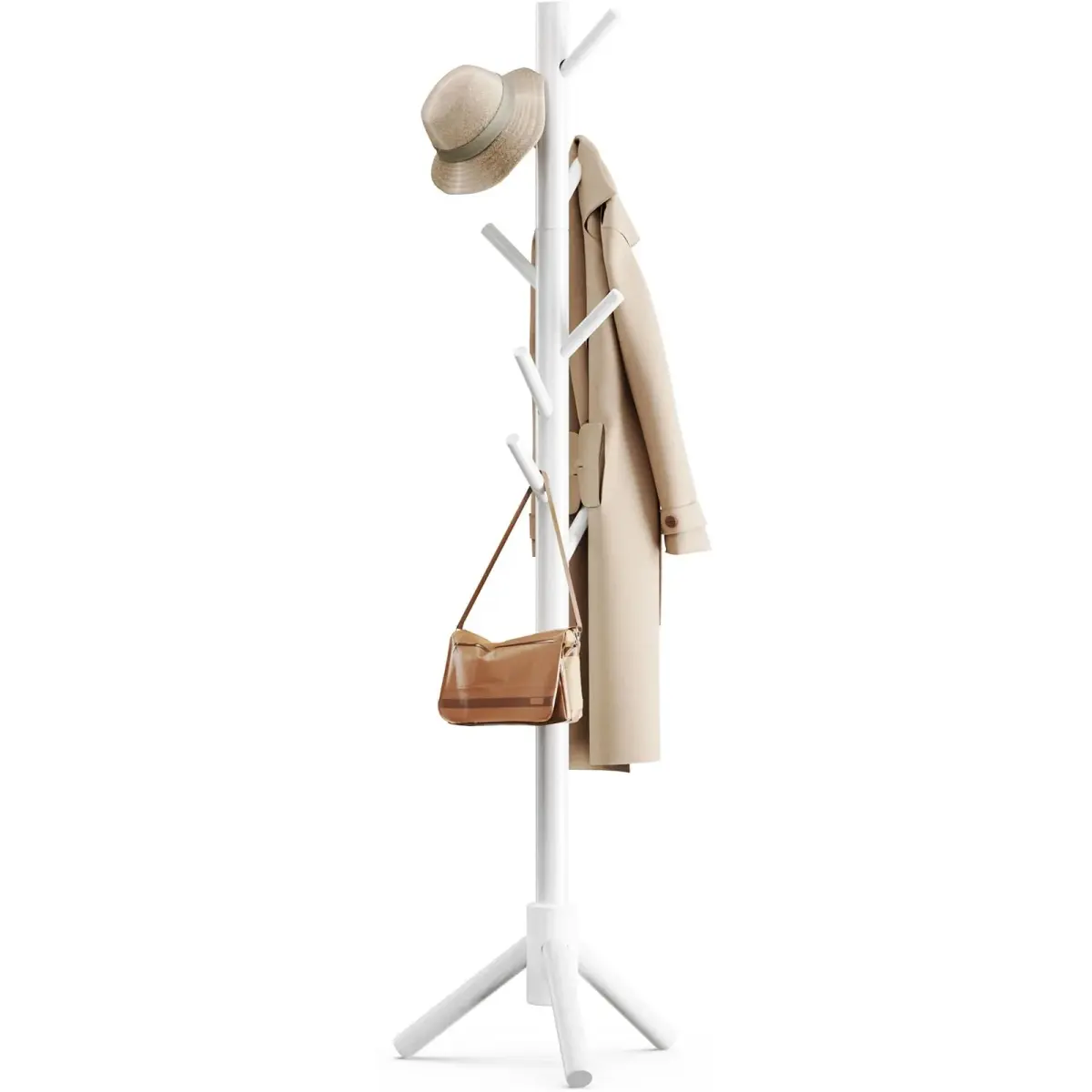 Pipishell White Freestanding Coat Rack with 8 Hooks | Adjustable Height Solid Wood Entryway Organizer - main product image