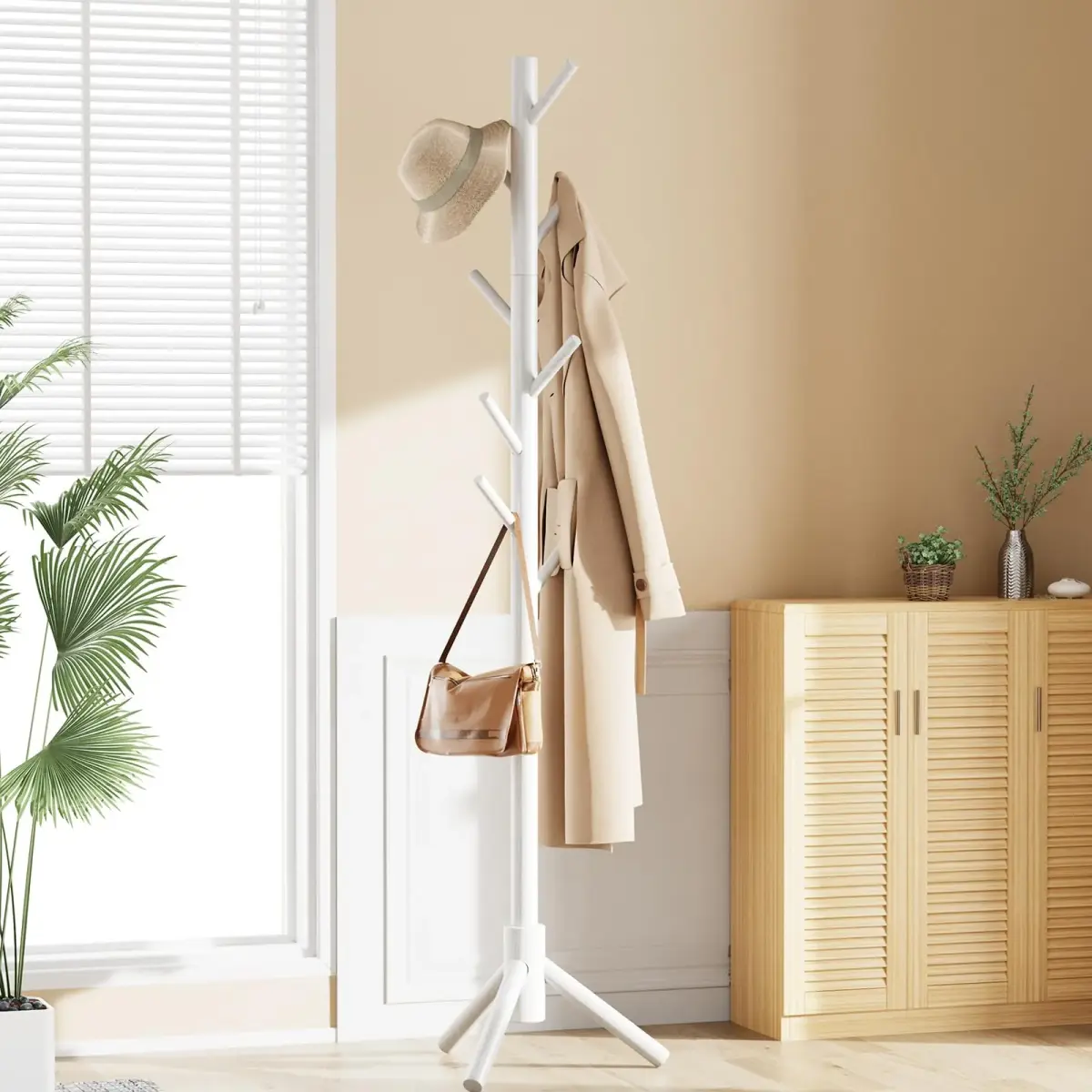 Pipishell White Freestanding Coat Rack with 8 Hooks | Adjustable Height Solid Wood Entryway Organizer - view 6