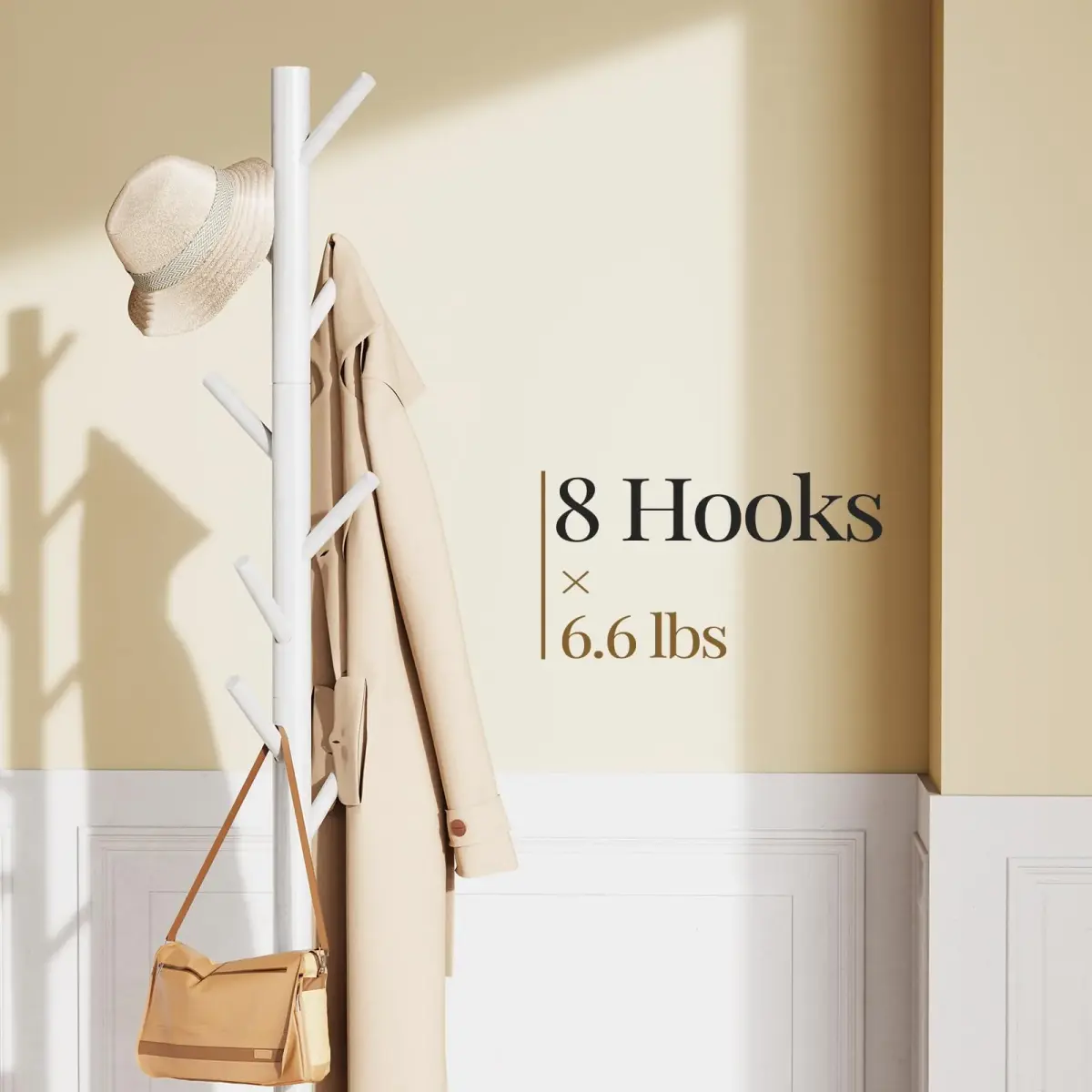 Pipishell White Freestanding Coat Rack with 8 Hooks | Adjustable Height Solid Wood Entryway Organizer - view 2