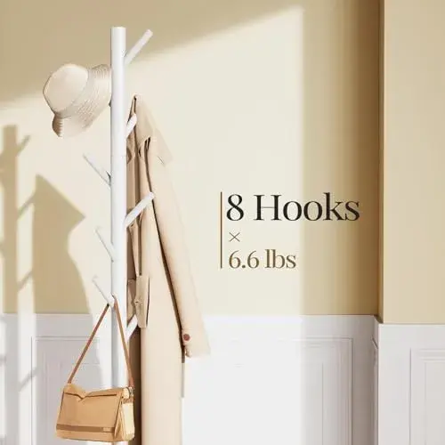 Pipishell White Freestanding Coat Rack with 8 Hooks | Adjustable Height Solid Wood Entryway Organizer - main product image