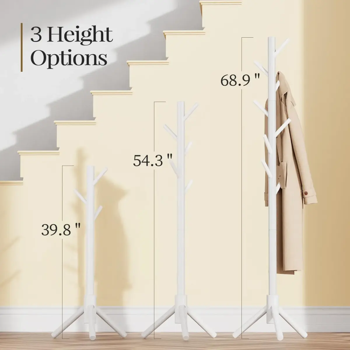 Pipishell White Freestanding Coat Rack with 8 Hooks | Adjustable Height Solid Wood Entryway Organizer - view 3