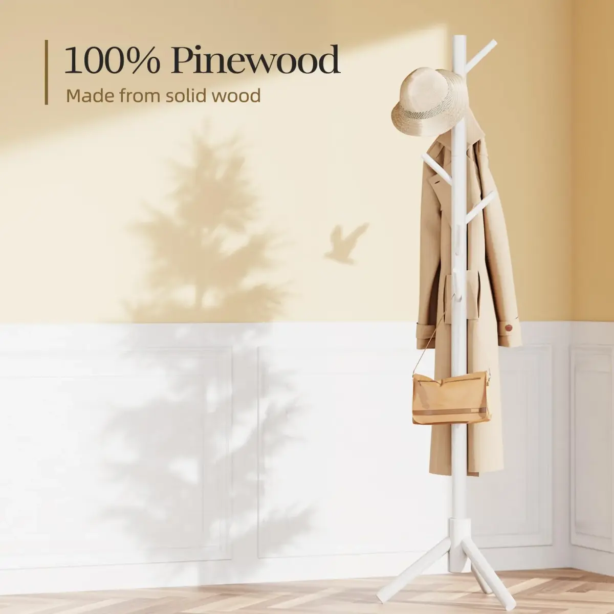 Pipishell White Freestanding Coat Rack with 8 Hooks | Adjustable Height Solid Wood Entryway Organizer - view 4