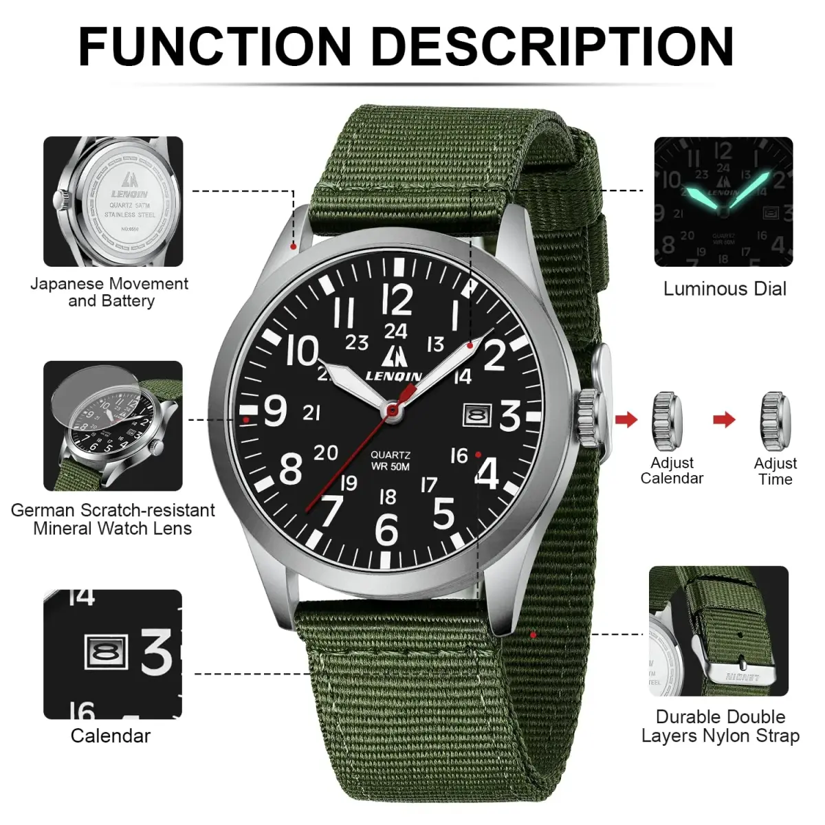 LN LENQIN Men's Military Sport Analog Quartz Watch 42mm (1.65 inches) | Shock-Resistant with Luminous Dial - view 4