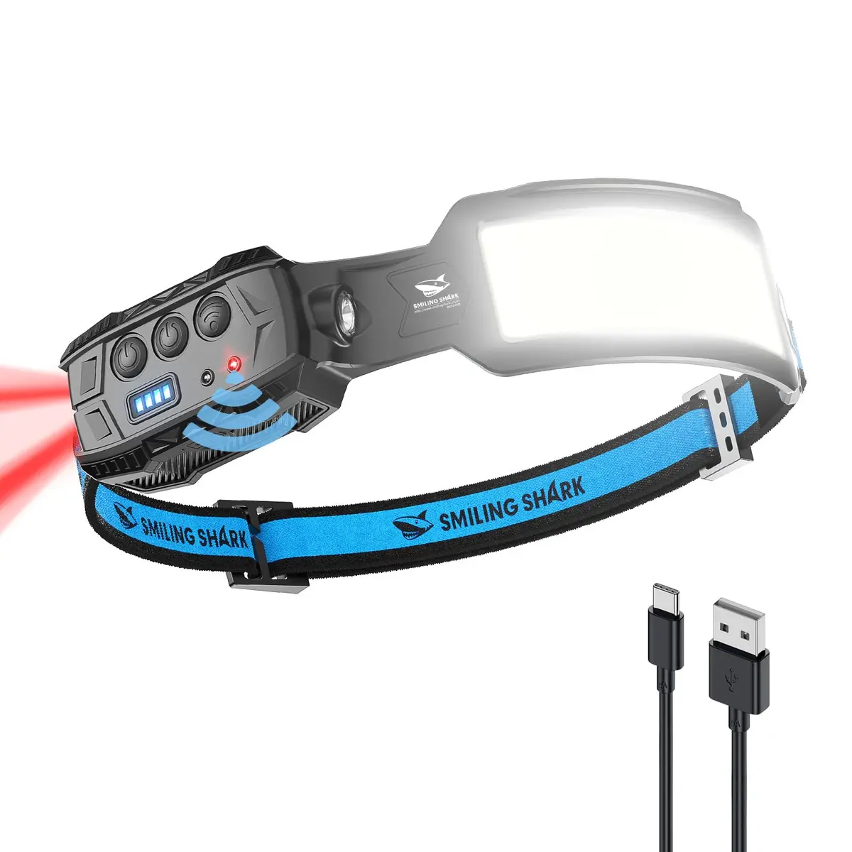 Smiling Shark Headlamp LED Rechargeable 6 Modes 7 White Lights 270° Lighting Red Tail Light | Perfect for Camping & Outdoor Activities - main product image