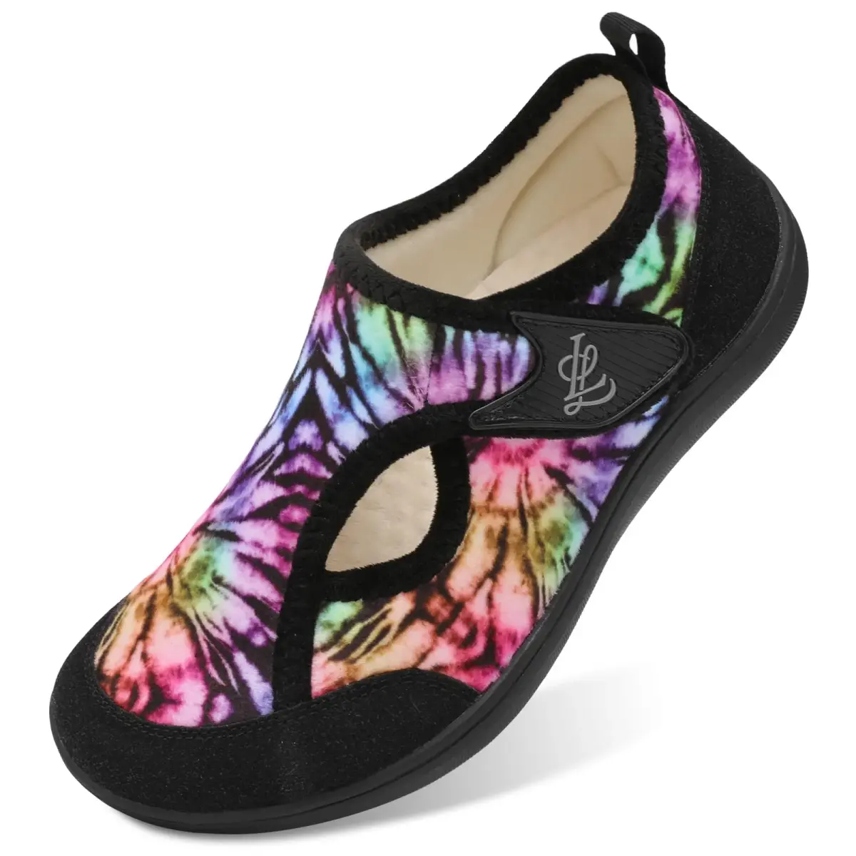 LeIsfIt Women's Wide Diabetic Slippers - Adjustable Arthritis Edema House Shoes, Black Multi, Size 9.5 Wide | Non-Slip Indoor Outdoor - main product image