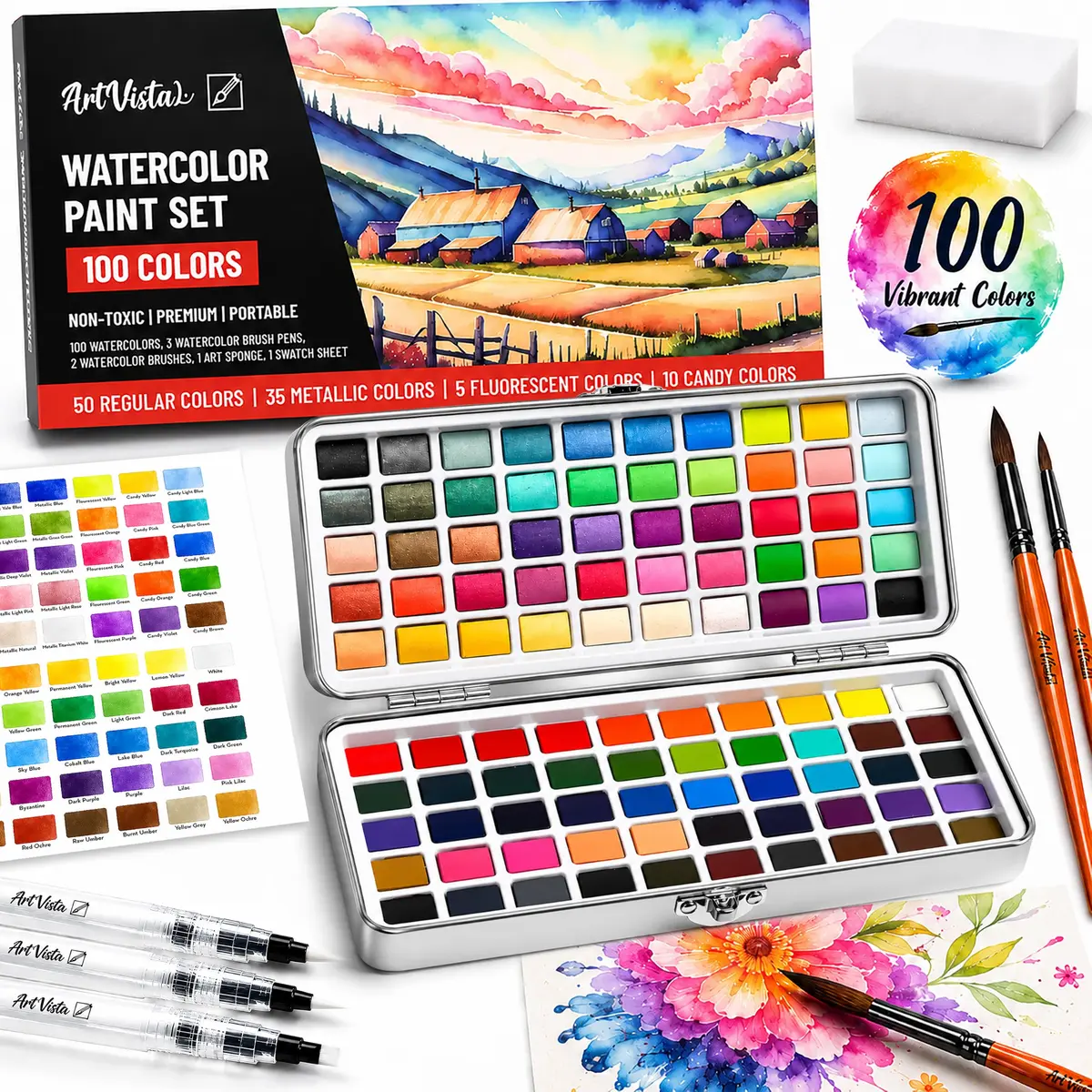 Art Vista Watercolor Paint Set 100 Vibrant Colors, Metallics & Neons | ASTM D-4236 Certified - main product image