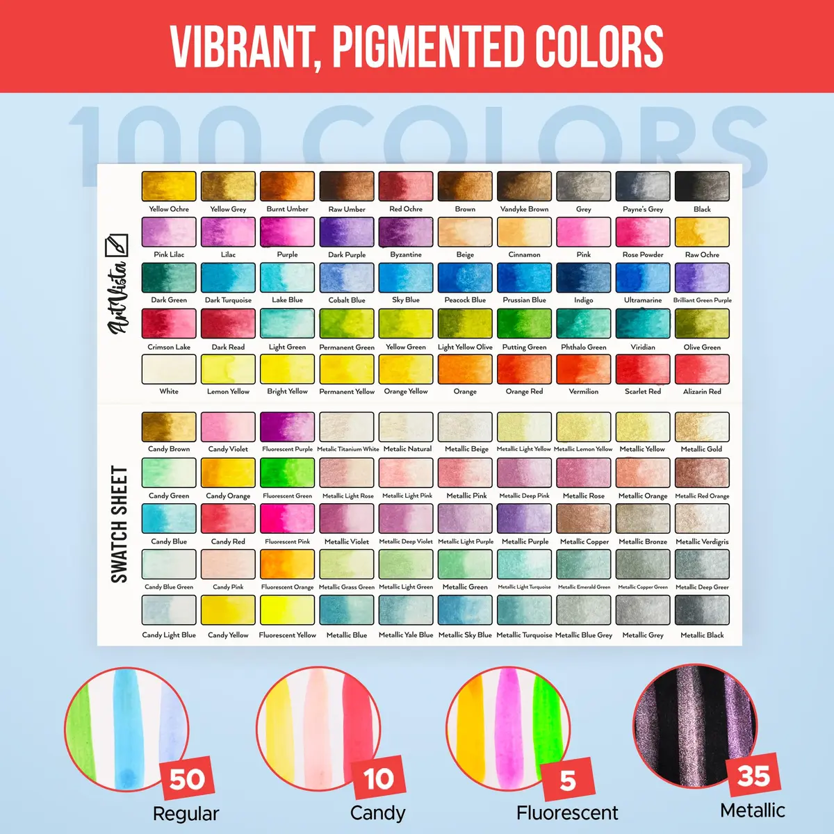 Art Vista Watercolor Paint Set 100 Vibrant Colors, Metallics & Neons | ASTM D-4236 Certified - view 5
