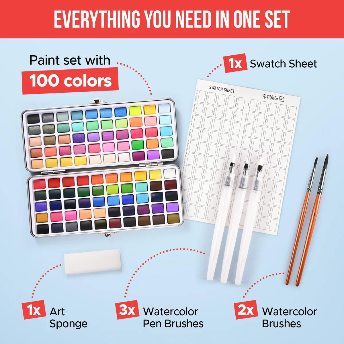 Art Vista Watercolor Paint Set 100 Vibrant Colors, Metallics & Neons | ASTM D-4236 Certified - view 4
