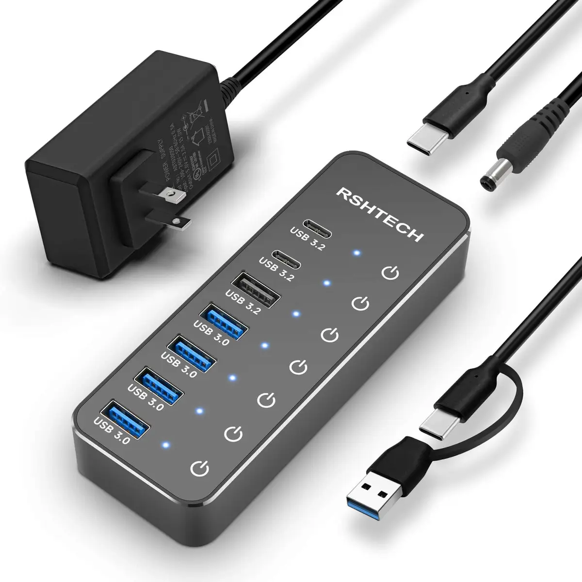 RSHTECH 7-Port Powered USB 3.2/USB C Hub with 10Gbps USB-A 3.2, 2 USB-C 3.2, 4 USB 3.0 Ports, Individual Touch Switches, 3.3ft Cable and 5V Power Adapter | Fast Data Transfer - main product image