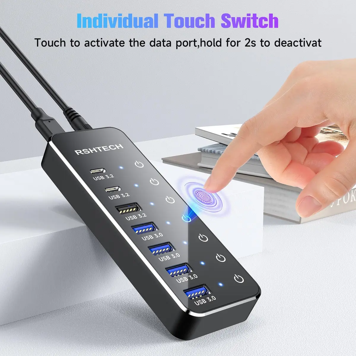 RSHTECH 7-Port Powered USB 3.2/USB C Hub with 10Gbps USB-A 3.2, 2 USB-C 3.2, 4 USB 3.0 Ports, Individual Touch Switches, 3.3ft Cable and 5V Power Adapter | Fast Data Transfer - view 5