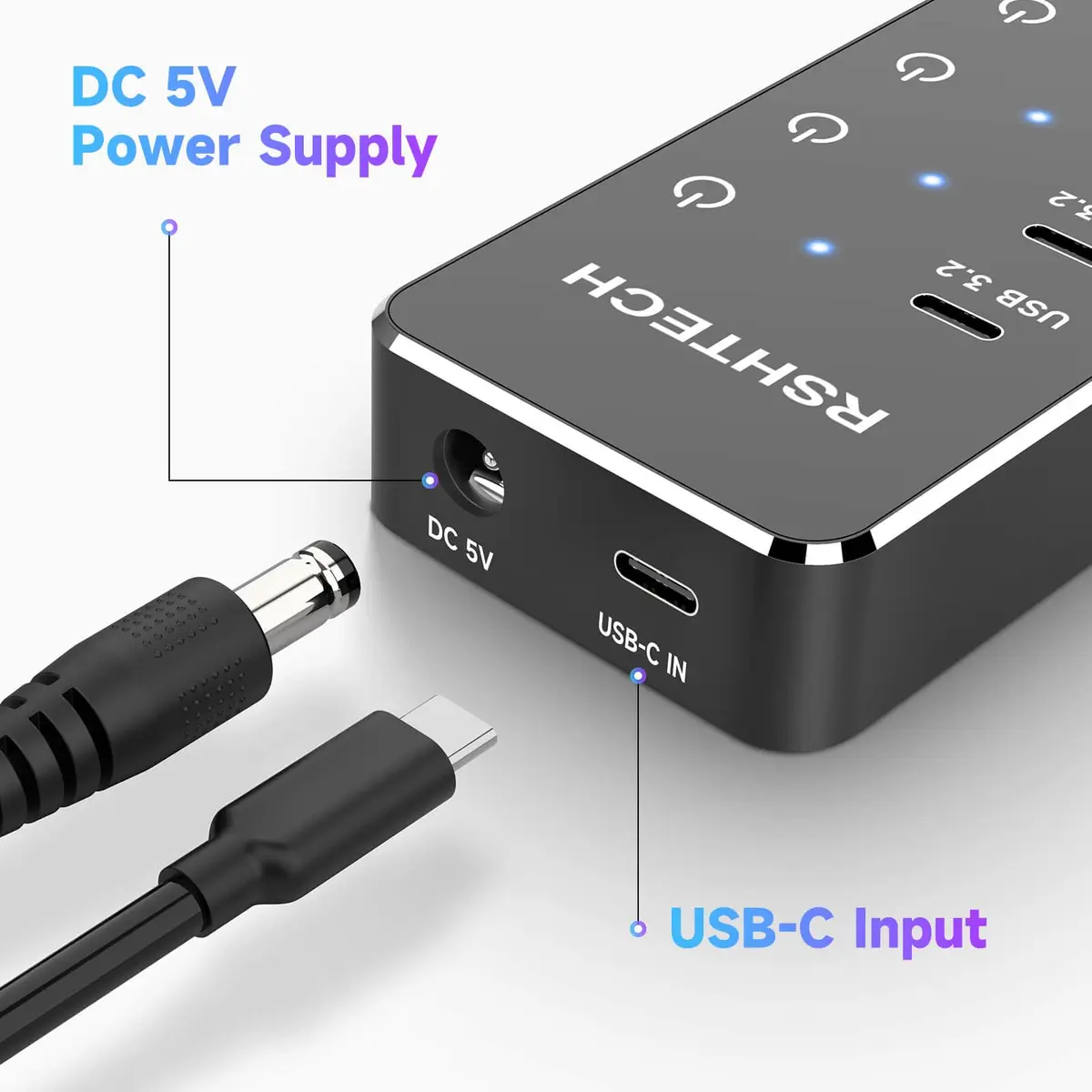 RSHTECH 7-Port Powered USB 3.2/USB C Hub with 10Gbps USB-A 3.2, 2 USB-C 3.2, 4 USB 3.0 Ports, Individual Touch Switches, 3.3ft Cable and 5V Power Adapter | Fast Data Transfer - view 6