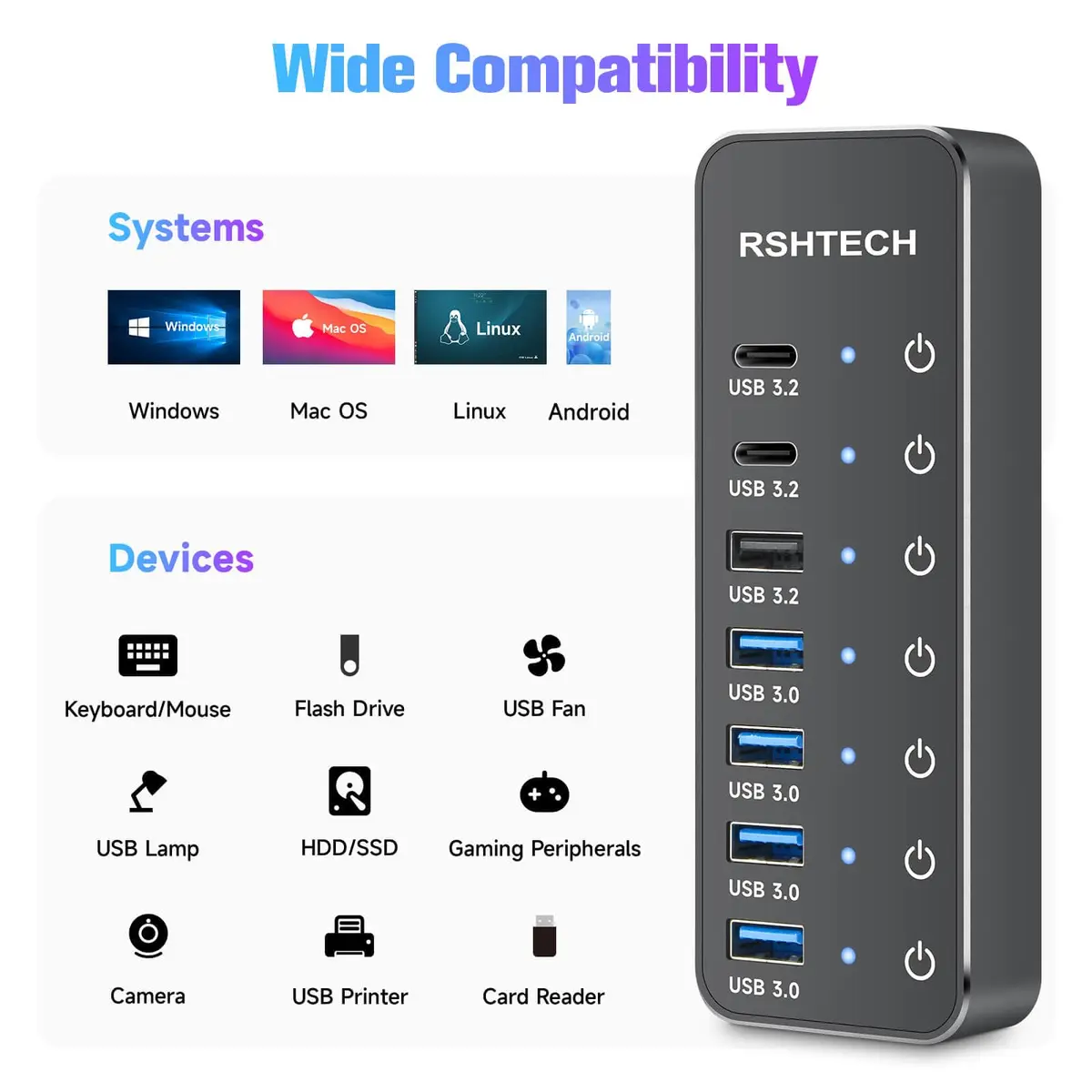 RSHTECH 7-Port Powered USB 3.2/USB C Hub with 10Gbps USB-A 3.2, 2 USB-C 3.2, 4 USB 3.0 Ports, Individual Touch Switches, 3.3ft Cable and 5V Power Adapter | Fast Data Transfer - view 7
