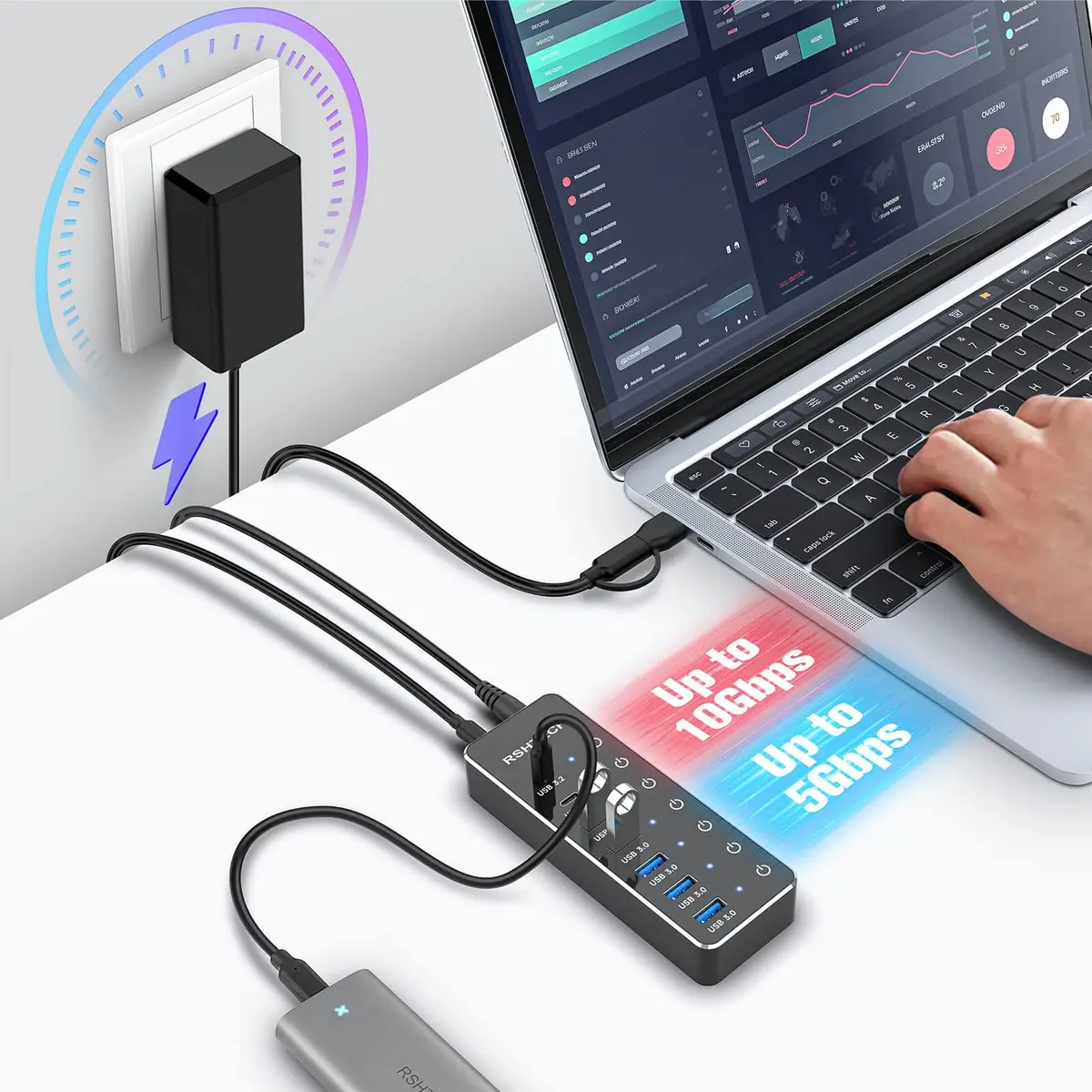 RSHTECH 7-Port Powered USB 3.2/USB C Hub with 10Gbps USB-A 3.2, 2 USB-C 3.2, 4 USB 3.0 Ports, Individual Touch Switches, 3.3ft Cable and 5V Power Adapter | Fast Data Transfer - view 2