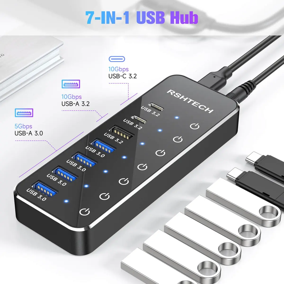 RSHTECH 7-Port Powered USB 3.2/USB C Hub with 10Gbps USB-A 3.2, 2 USB-C 3.2, 4 USB 3.0 Ports, Individual Touch Switches, 3.3ft Cable and 5V Power Adapter | Fast Data Transfer - view 3