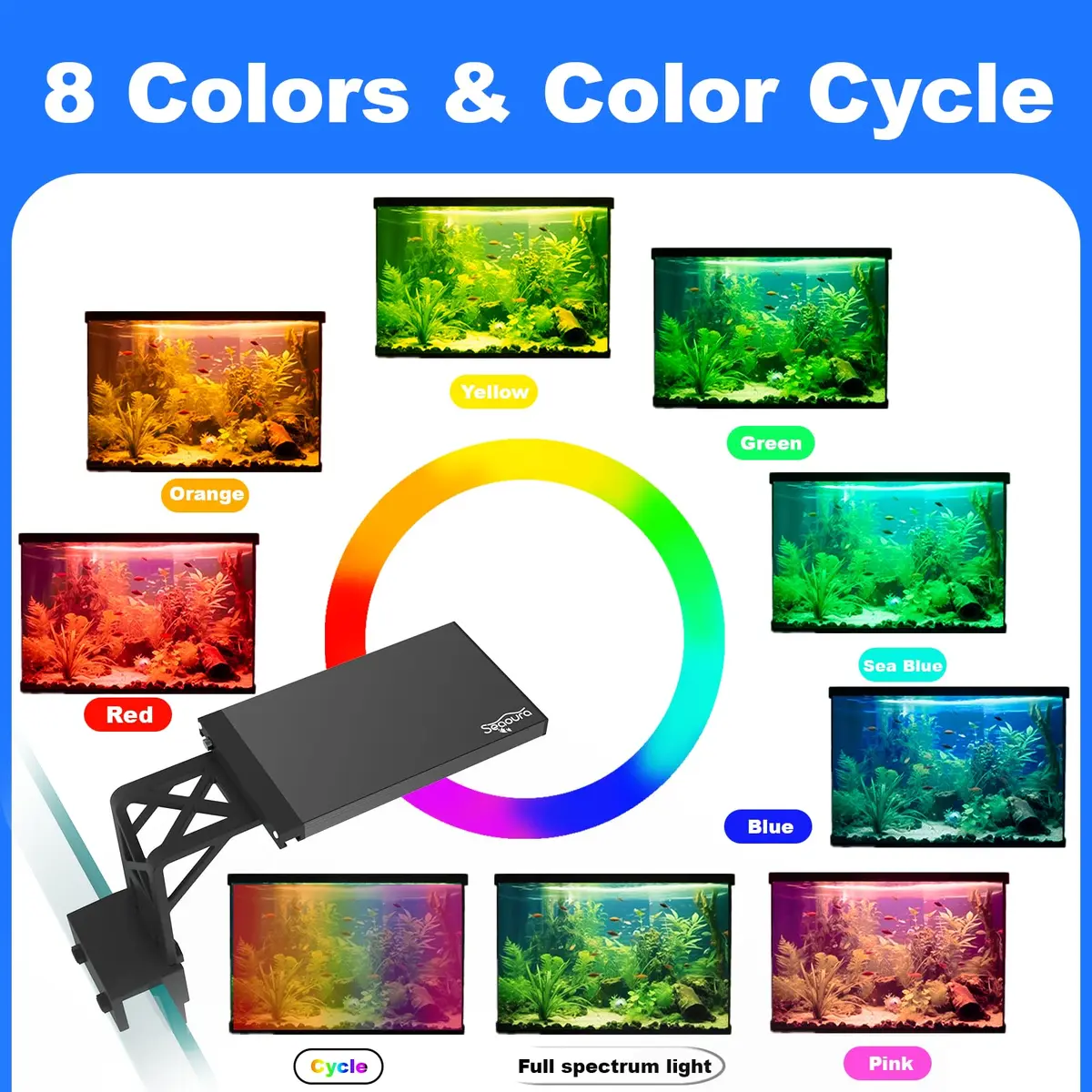 SEAOURA Clip On Aquarium Light for Plants & Fish Tanks 7-12 Inch | Full Spectrum RGB LED with Timer & Brightness Control - view 3