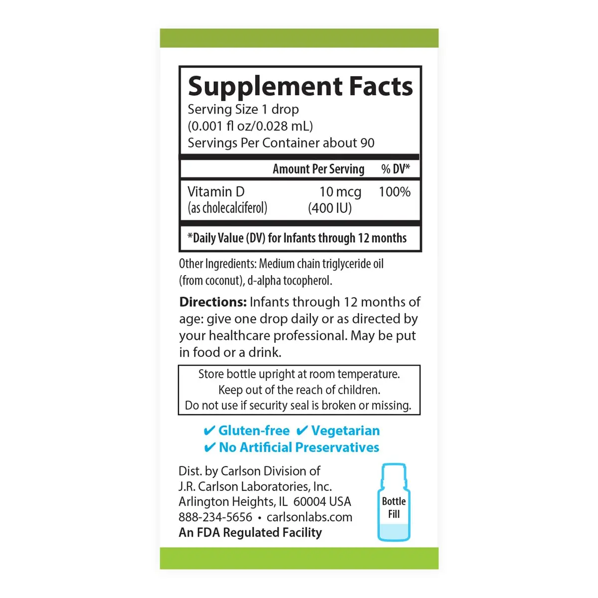 Carlson Baby's Plant-Based Super Daily D3 Drops 2.54 mL (0.086 Fl Oz) | 400 IU (10 mcg) Per Drop - view 3