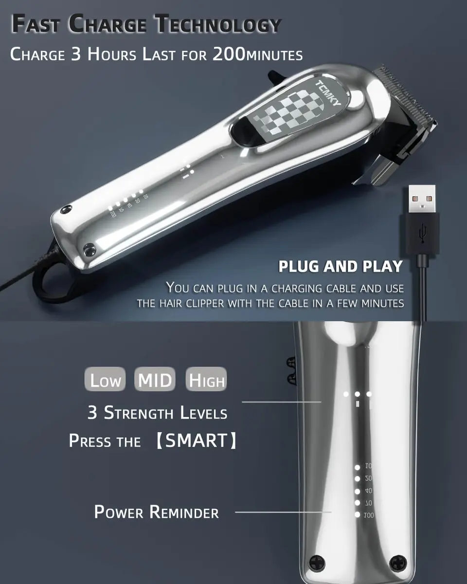 TCMKY Hair Clipper for Men Cordless & Corded | Rechargeable Professional Hair Trimmer Kit in Silvery - view 5