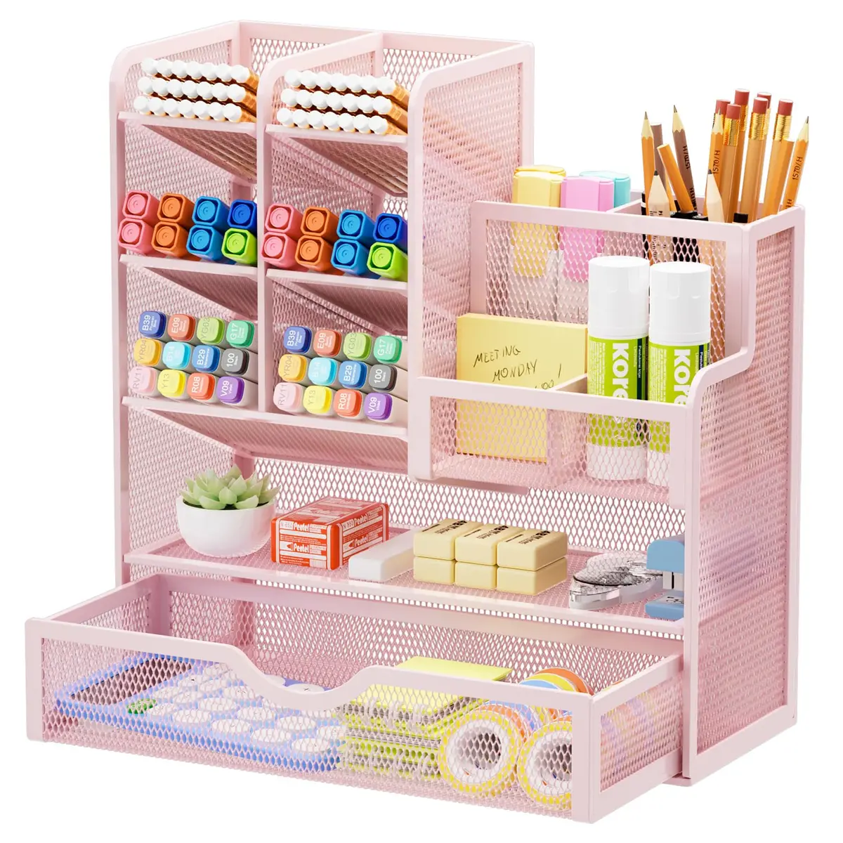 Marbrasse Mesh Desk Organizer with Drawer, Multi-Functional Pencil Organizer, 12 Compartments, Pink | Modern, Minimalist Office Accessory - main product image