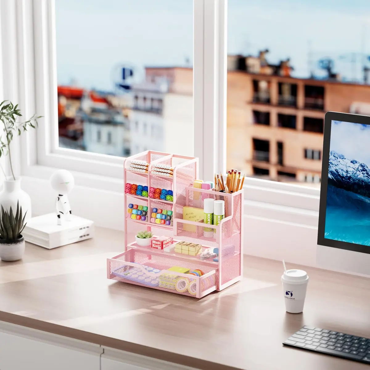 Marbrasse Mesh Desk Organizer with Drawer, Multi-Functional Pencil Organizer, 12 Compartments, Pink | Modern, Minimalist Office Accessory - view 5