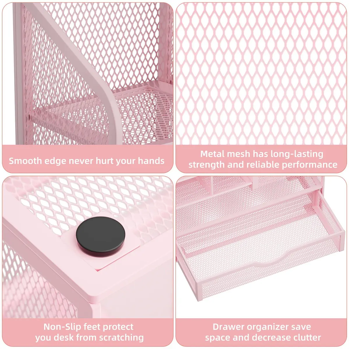 Marbrasse Mesh Desk Organizer with Drawer, Multi-Functional Pencil Organizer, 12 Compartments, Pink | Modern, Minimalist Office Accessory - view 6