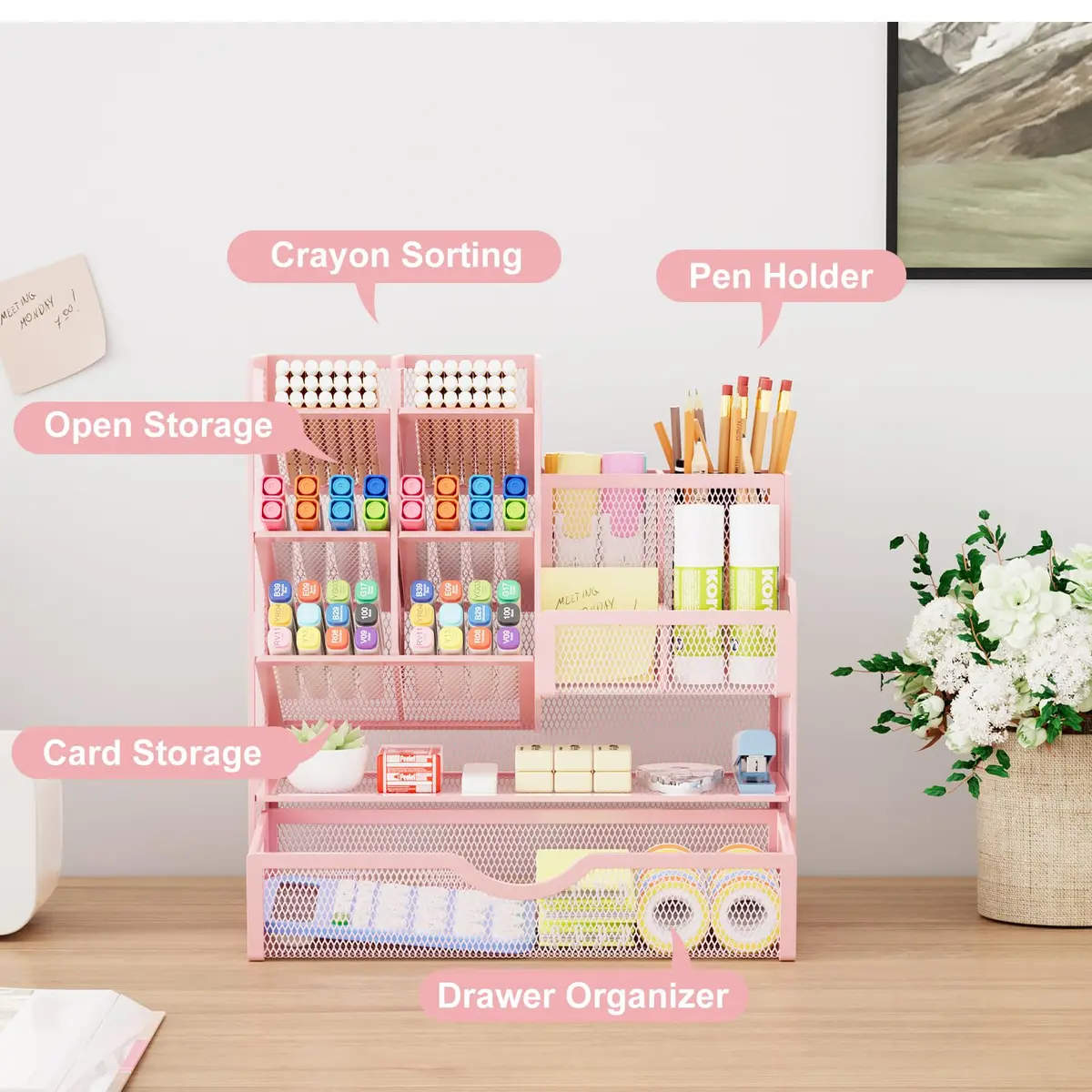 Marbrasse Mesh Desk Organizer with Drawer, Multi-Functional Pencil Organizer, 12 Compartments, Pink | Modern, Minimalist Office Accessory - view 2