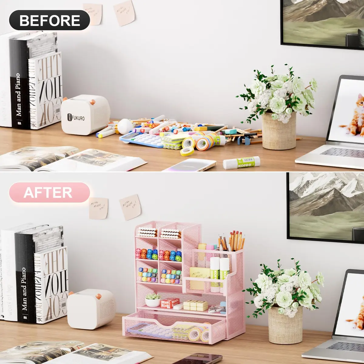 Marbrasse Mesh Desk Organizer with Drawer, Multi-Functional Pencil Organizer, 12 Compartments, Pink | Modern, Minimalist Office Accessory - view 3
