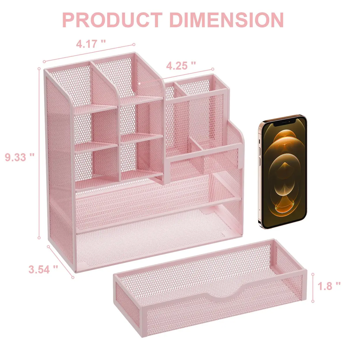 Marbrasse Mesh Desk Organizer with Drawer, Multi-Functional Pencil Organizer, 12 Compartments, Pink | Modern, Minimalist Office Accessory - view 4