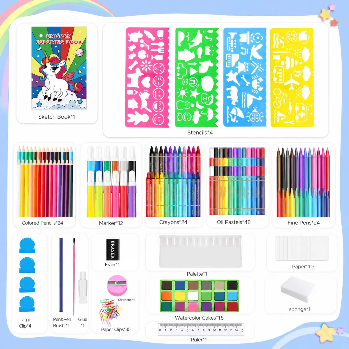 homicozy Unicorn Art Case Drawing Kit for Kids 243 PCS | Includes Easel, Crayons, Pencils, Markers, Coloring Book, Stickers - view 2