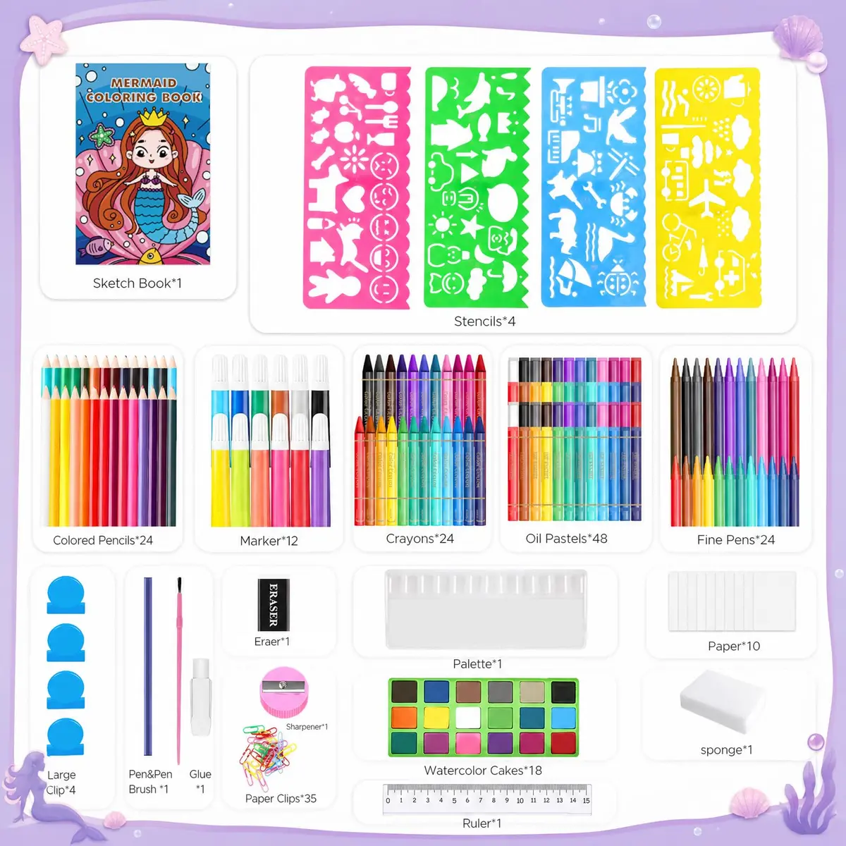 homicozy Art Supplies for Kids Ages 4-12 | Mermaid Drawing Sets with Double Sided Easel (243 pcs, Portable) - view 2