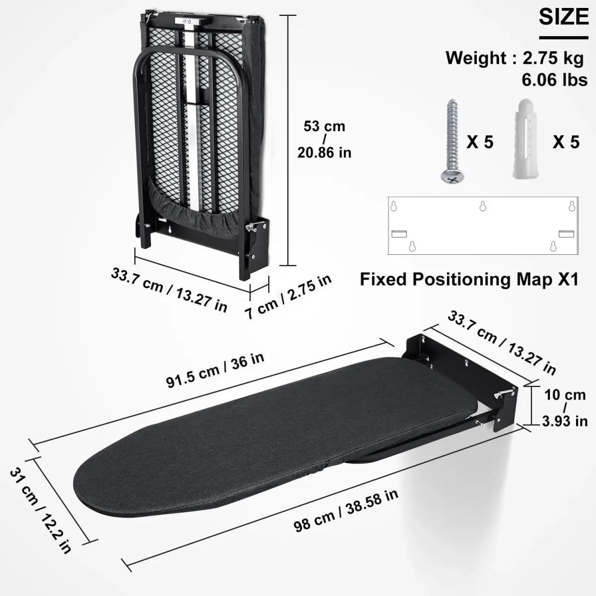 Duwee Wall Mounted Ironing Board with Heat Resistant Cover & Felt Padding 93cm (36") x 32cm (12") | Space-Saving Foldable Design - view 2
