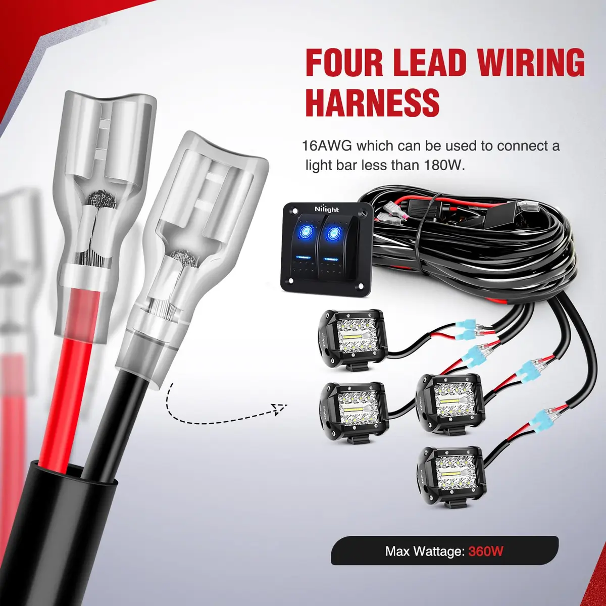 Nilight 2-Gang Rocker Switch Panel Wiring Harness Kit 16AWG 360W | Controls 4 Lights for 12V Vehicles - view 2