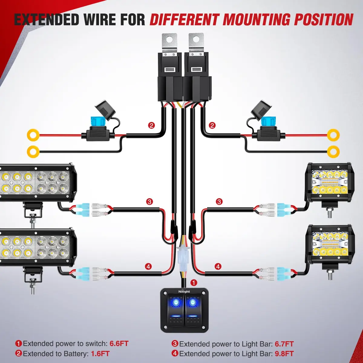 Nilight 2-Gang Rocker Switch Panel Wiring Harness Kit 16AWG 360W | Controls 4 Lights for 12V Vehicles - view 3