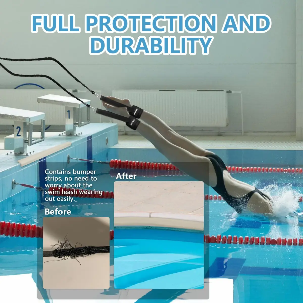 Hikeen Swim Ankle Straps 4M Swimming Tether with Metal Buckle & Bumper Strips | Stationary Training Leash for Adults - view 2