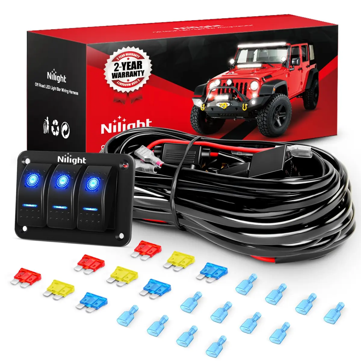Nilight 12V 3-Gang Rocker Switch Panel Wiring Harness Kit 2.98m (9.8ft) | Heavy-Duty 16AWG Wire with Relay & Fuse - main product image