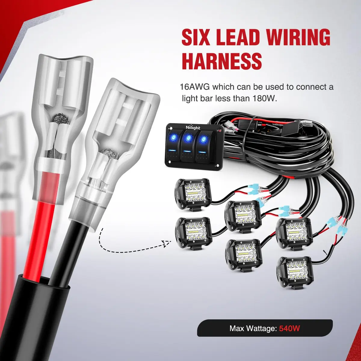 Nilight 12V 3-Gang Rocker Switch Panel Wiring Harness Kit 2.98m (9.8ft) | Heavy-Duty 16AWG Wire with Relay & Fuse - view 2