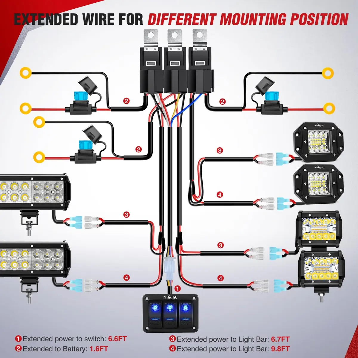 Nilight 12V 3-Gang Rocker Switch Panel Wiring Harness Kit 2.98m (9.8ft) | Heavy-Duty 16AWG Wire with Relay & Fuse - view 3