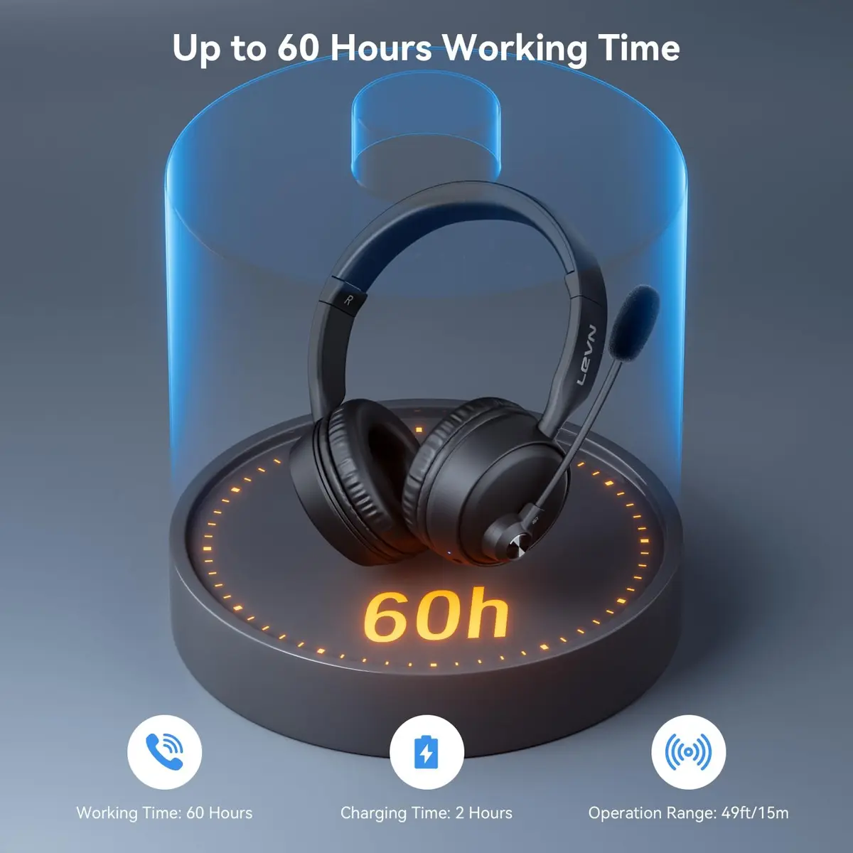 LEVN Wireless Headset with AI Noise Cancelling Mic, Bluetooth 5.3, 60H Battery, Over-Ear Headphones | PC, Laptop, Call Center - view 4