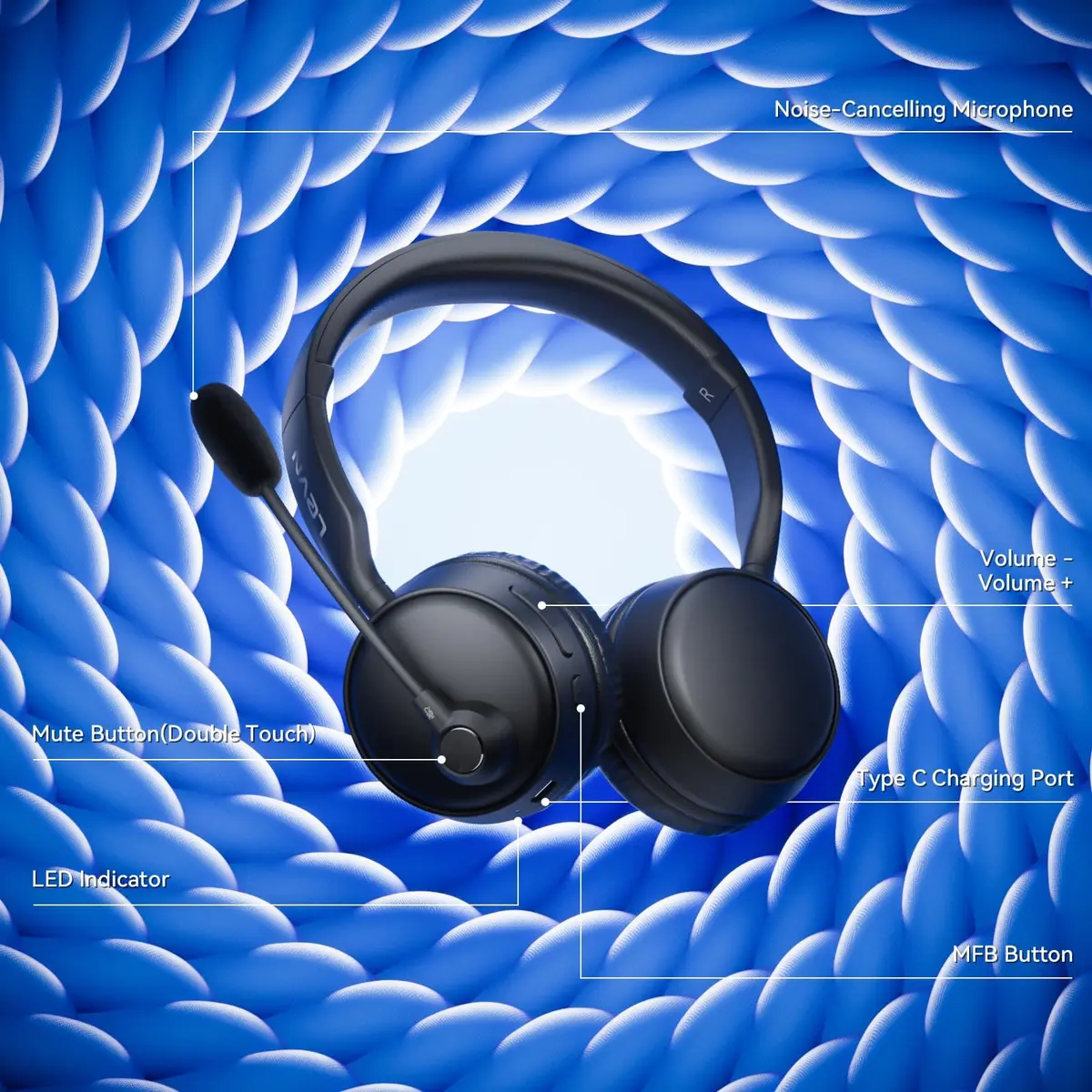 LEVN Wireless Headset with AI Noise Cancelling Mic, Bluetooth 5.3, 60H Battery, Over-Ear Headphones | PC, Laptop, Call Center - view 5