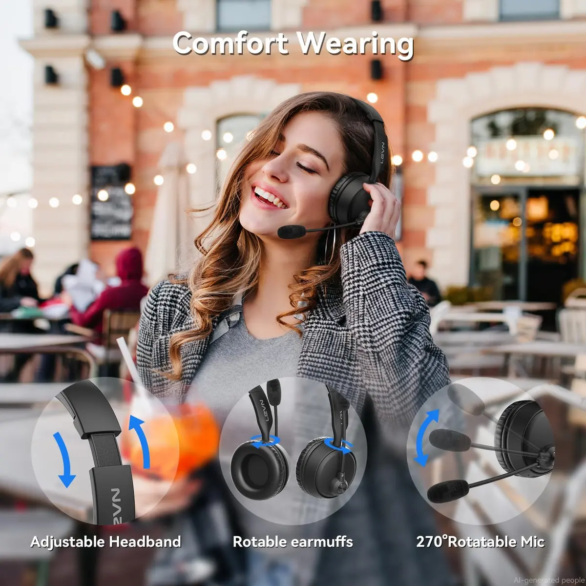 LEVN Wireless Headset with AI Noise Cancelling Mic, Bluetooth 5.3, 60H Battery, Over-Ear Headphones | PC, Laptop, Call Center - view 6
