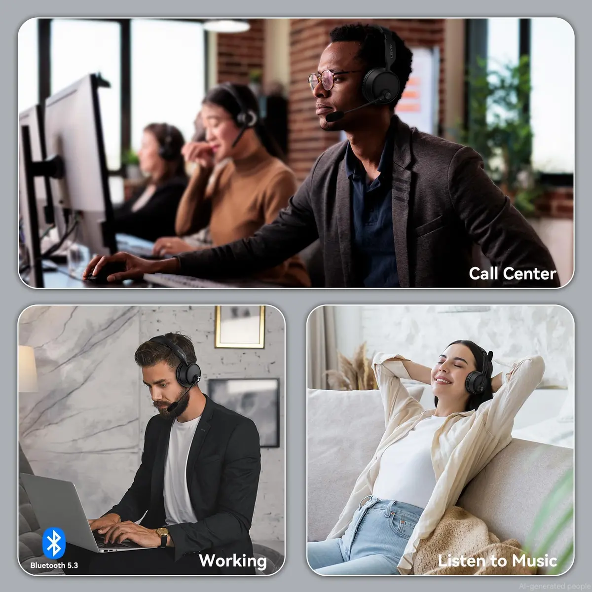 LEVN Wireless Headset with AI Noise Cancelling Mic, Bluetooth 5.3, 60H Battery, Over-Ear Headphones | PC, Laptop, Call Center - view 7