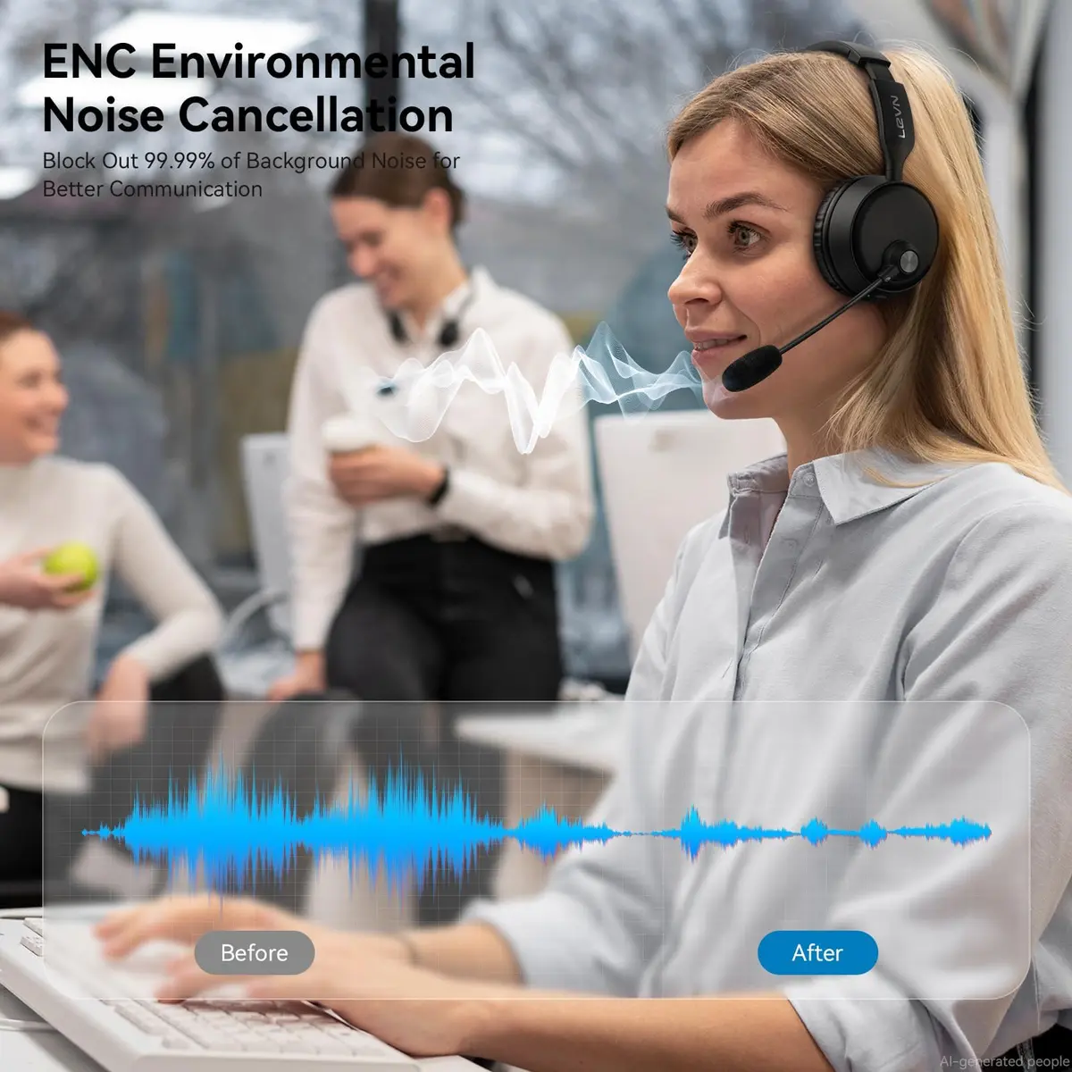 LEVN Wireless Headset with AI Noise Cancelling Mic, Bluetooth 5.3, 60H Battery, Over-Ear Headphones | PC, Laptop, Call Center - view 2