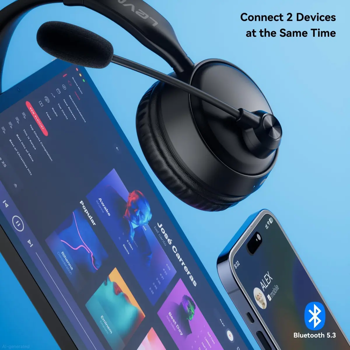 LEVN Wireless Headset with AI Noise Cancelling Mic, Bluetooth 5.3, 60H Battery, Over-Ear Headphones | PC, Laptop, Call Center - view 3