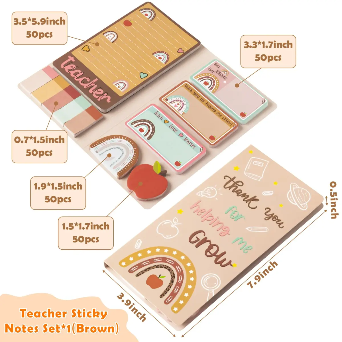 Xqumoi Boho Teacher Sticky Notes Set (550 Sheets, Brown) | Thank You for Helping Me Grow Design - main product image