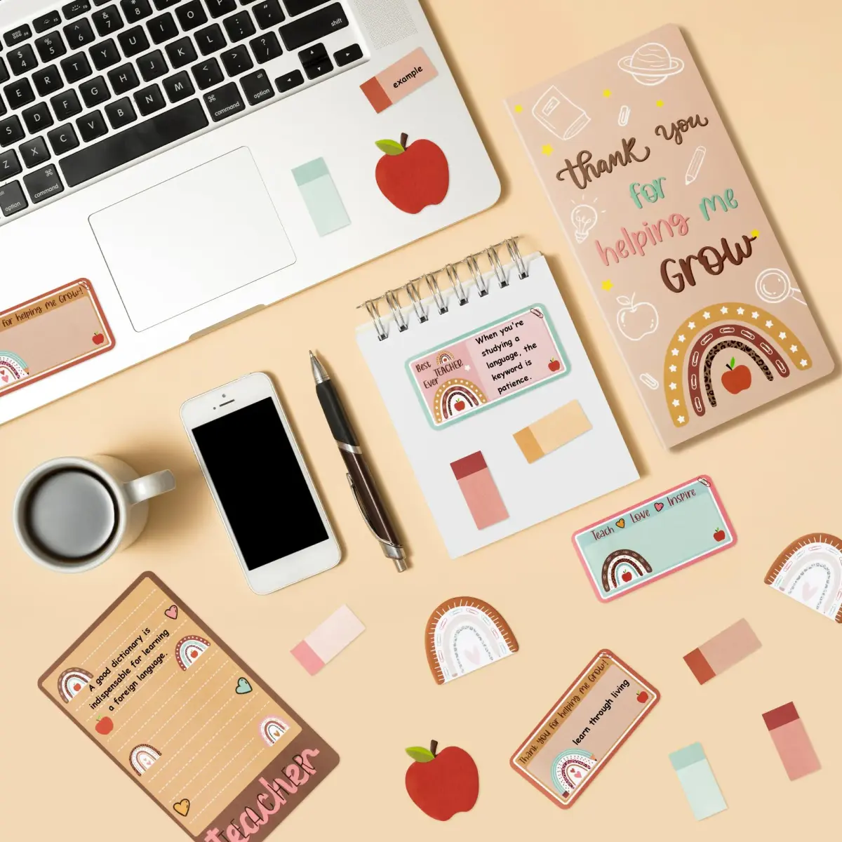 Xqumoi Boho Teacher Sticky Notes Set (550 Sheets, Brown) | Thank You for Helping Me Grow Design - view 3