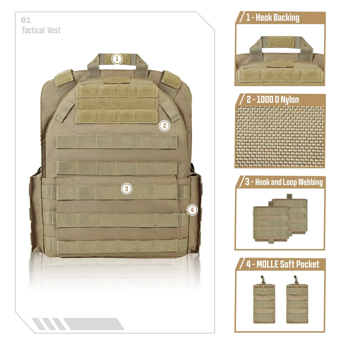 GFIRE Tactical Vest Elite Brown | Lightweight 3D Breathable Vest for Training - view 2